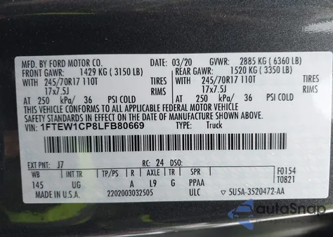 2020 Ford F-150 Xlt from USA, damaged, VIN 1FTEW1CP8LFB80669